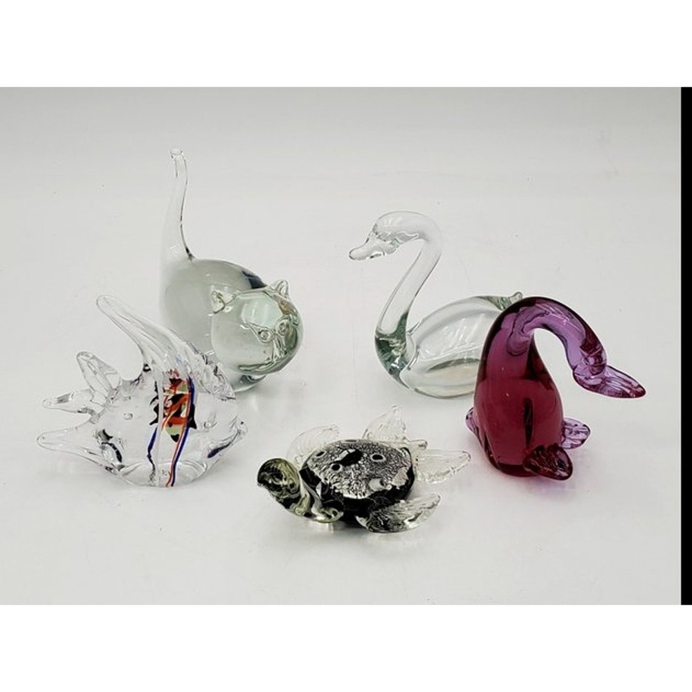Art Glass Animal Figurines — 5-Piece Lot: Cat, Swan, Duck, Fish & Turtle